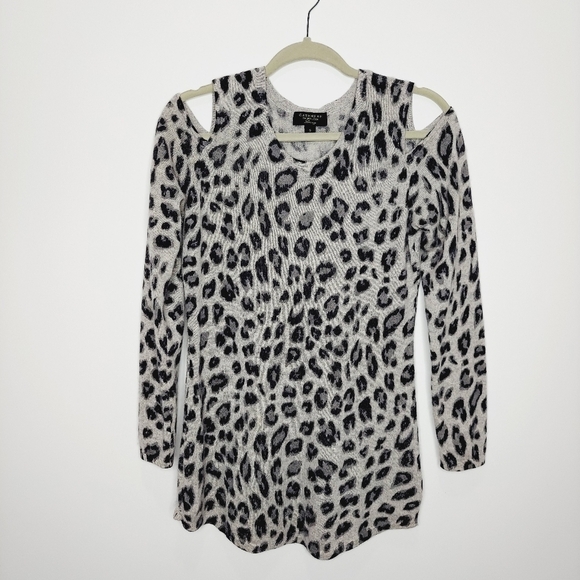 Charter Club 100% Cashmere Cold Shoulder Sweater Animal Leppard Print Small Gray - Picture 7 of 10